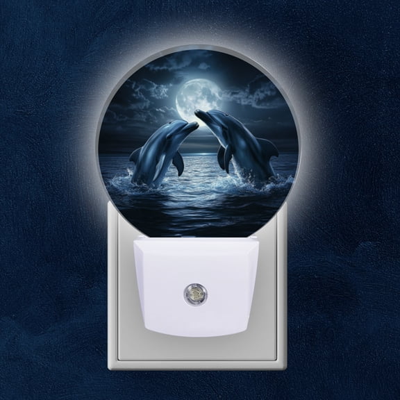 Round LED Night Lights Lamp with Dusk to Dawn Sensor, Mystical Lunar Dolphin Encounter Night Light Plug Into Wall for Kids Room, Bedroom, Bathroom, Kitchen, Hallway