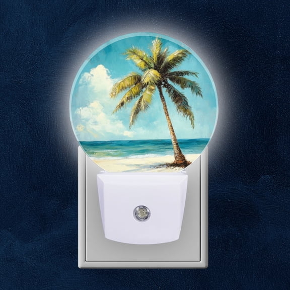 Round LED Night Lights Lamp with Dusk to Dawn Sensor, Ocean Horizons And Majestic Palm Tree Night Light Plug Into Wall for Kids Room, Bedroom, Bathroom, Kitchen, Hallway