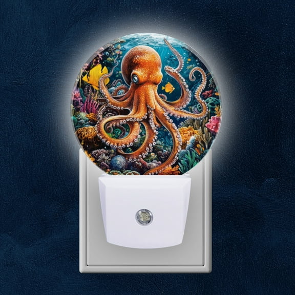 Round LED Night Lights Lamp with Dusk to Dawn Sensor, Octopus Surrounded By Underwater Scene Night Light Plug Into Wall for Kids Room, Bedroom, Bathroom, Kitchen, Hallway