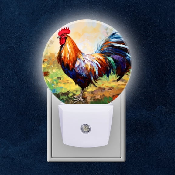 Round LED Night Lights Lamp with Dusk to Dawn Sensor, Oil Painted Rooster In Flower Filled Field Night Light Plug Into Wall for Kids Room, Bedroom, Bathroom, Kitchen, Hallway