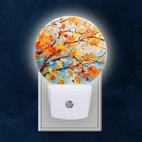 Round LED Night Lights Lamp with Dusk to Dawn Sensor, Oil Painting Of Autumn Leaves Against Blue Sky Night Light Plug Into Wall for Kids Room, Bedroom, Bathroom, Kitchen, Hallway
