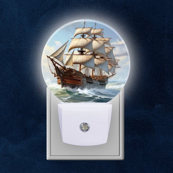 Round LED Night Lights Lamp with Dusk to Dawn Sensor, Old Wooden Sailing Ship With White Sails On The Sea Night Light Plug Into Wall for Kids Room, Bedroom, Bathroom, Kitchen, Hallway