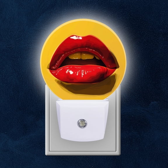 Round LED Night Lights Lamp with Dusk to Dawn Sensor, Glossy Red Lips Against Yellow Background Night Light Plug Into Wall for Kids Room, Bedroom, Bathroom, Kitchen, Hallway