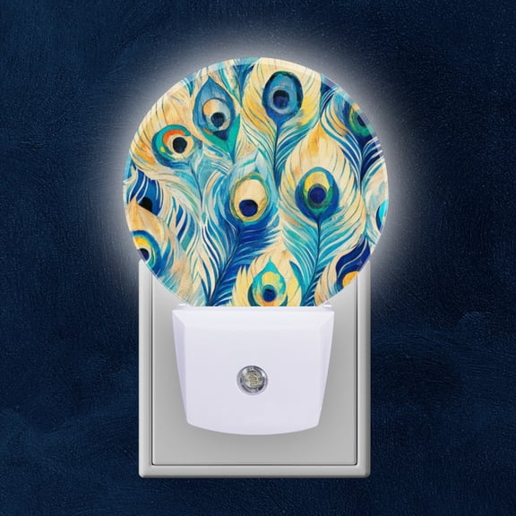 Round LED Night Lights Lamp with Dusk to Dawn Sensor, Opulent Pattern Of Peacock Feathers Night Light Plug Into Wall for Kids Room, Bedroom, Bathroom, Kitchen, Hallway