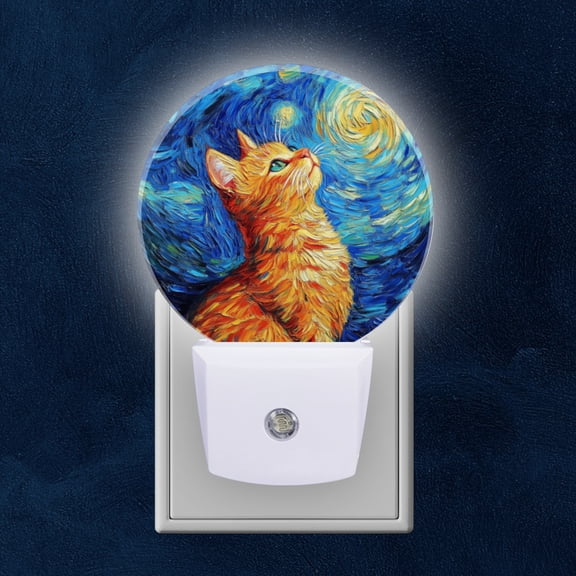Round LED Night Lights Lamp with Dusk to Dawn Sensor, Orange Cat Gazing At The Starry Sky Night Light Plug Into Wall for Kids Room, Bedroom, Bathroom, Kitchen, Hallway
