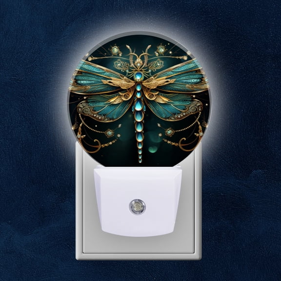 Round LED Night Lights Lamp with Dusk to Dawn Sensor, Ornately Decorated Dragonfly With Gems On Black Background Night Light Plug Into Wall for Kids Room, Bedroom, Bathroom, Kitchen, Hallway