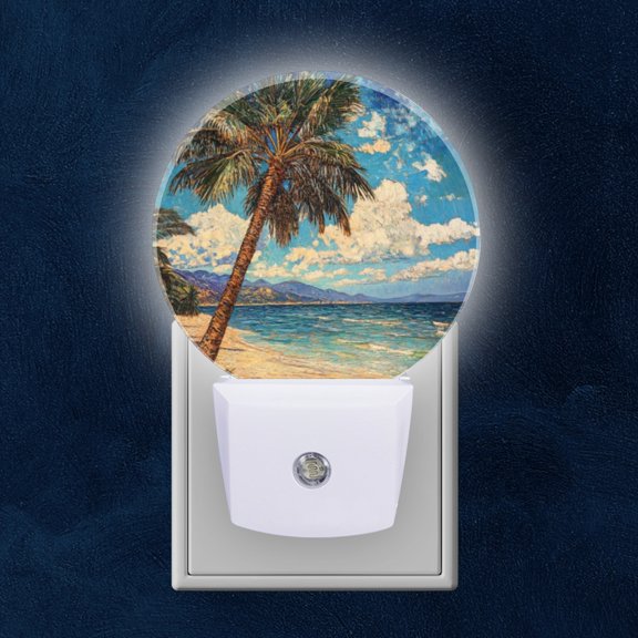 Round LED Night Lights Lamp with Dusk to Dawn Sensor, Palm Tree Leaning Over Serene Tropical Beach Night Light Plug Into Wall for Kids Room, Bedroom, Bathroom, Kitchen, Hallway