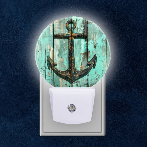 Round LED Night Lights Lamp with Dusk to Dawn Sensor, Pattern Of Rusty Anchor On Weathered Green Wood Night Light Plug Into Wall for Kids Room, Bedroom, Bathroom, Kitchen, Hallway