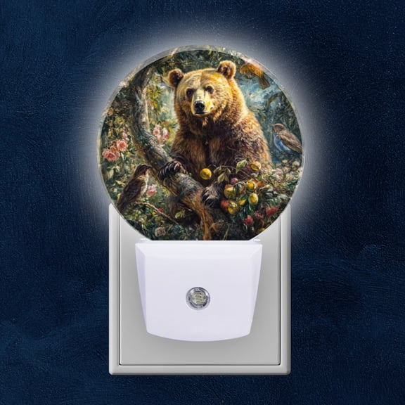 Round LED Night Lights Lamp with Dusk to Dawn Sensor, The Peaceful Allure Of Bear In Natural Forest Scene Night Light Plug Into Wall for Kids Room, Bedroom, Bathroom, Kitchen, Hallway