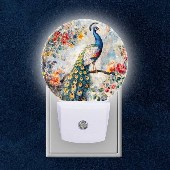 Round LED Night Lights Lamp with Dusk to Dawn Sensor, Peacock'S Splendor Amidst Tapestry Of Blooming Flowers Night Light Plug Into Wall for Kids Room, Bedroom, Bathroom, Kitchen, Hallway