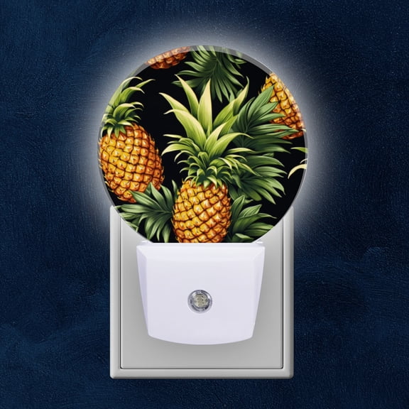 Round LED Night Lights Lamp with Dusk to Dawn Sensor, Pineapple And Leaf Pattern On Black Background Night Light Plug Into Wall for Kids Room, Bedroom, Bathroom, Kitchen, Hallway