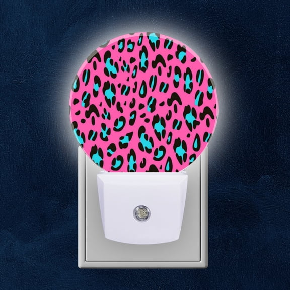 Round LED Night Lights Lamp with Dusk to Dawn Sensor, Pink Based Leopard Print With Blue Green Accents Night Light Plug Into Wall for Kids Room, Bedroom, Bathroom, Kitchen, Hallway