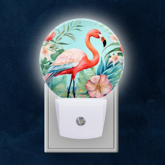 Round LED Night Lights Lamp with Dusk to Dawn Sensor, Pink Flamingo In The Jungle Surrounded By Flowers And Plants Night Light Plug Into Wall for Kids Room, Bedroom, Bathroom, Kitchen, Hallway