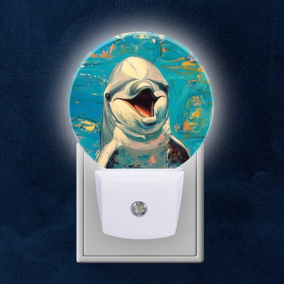 Round LED Night Lights Lamp with Dusk to Dawn Sensor, Playful Dolphin In Seascape Of Blues Night Light Plug Into Wall for Kids Room, Bedroom, Bathroom, Kitchen, Hallway