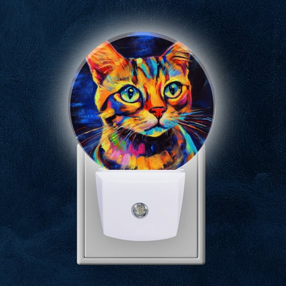 Round LED Night Lights Lamp with Dusk to Dawn Sensor, Playful Spirit Of Cat In Bright Colors Night Light Plug Into Wall for Kids Room, Bedroom, Bathroom, Kitchen, Hallway