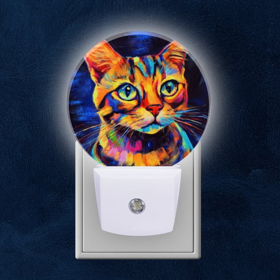 Round LED Night Lights Lamp with Dusk to Dawn Sensor, Playful Spirit Of Cat In Bright Colors Night Light Plug Into Wall for Kids Room, Bedroom, Bathroom, Kitchen, Hallway
