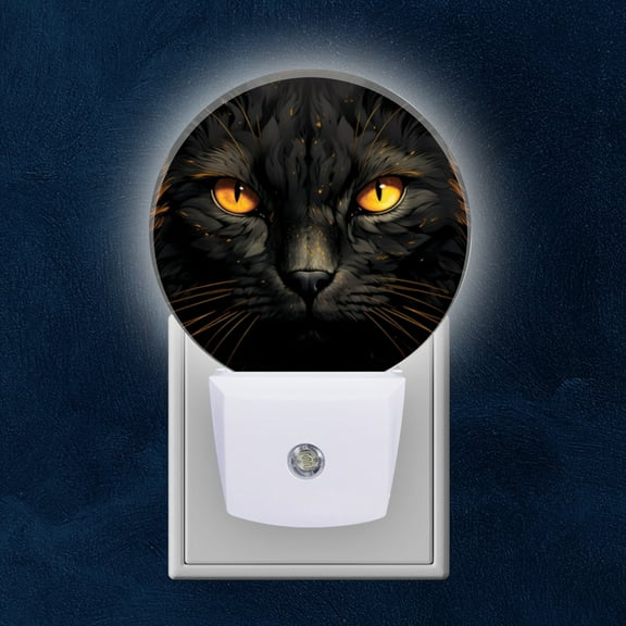 Round LED Night Lights Lamp with Dusk to Dawn Sensor, Portrait Of Black Cat With Mysterious Aura Night Light Plug Into Wall for Kids Room, Bedroom, Bathroom, Kitchen, Hallway