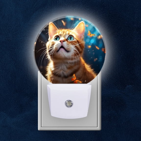 Round LED Night Lights Lamp with Dusk to Dawn Sensor, Portrait Of Cute Ginger Cat With Blue Eyes Looking Up Night Light Plug Into Wall for Kids Room, Bedroom, Bathroom, Kitchen, Hallway