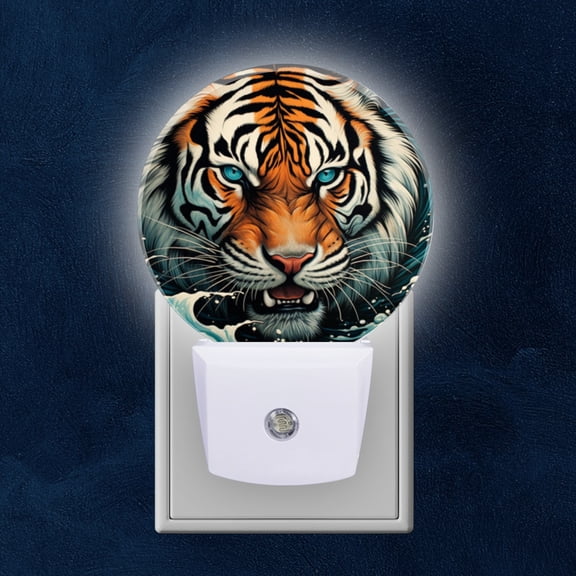 Round LED Night Lights Lamp with Dusk to Dawn Sensor, Powerful Tiger Head Surrounded By Blue Waves Night Light Plug Into Wall for Kids Room, Bedroom, Bathroom, Kitchen, Hallway