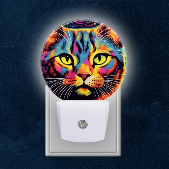 Round LED Night Lights Lamp with Dusk to Dawn Sensor, Psychedelic Colored Cat With Mesmerizing Yellow Eyes Night Light Plug Into Wall for Kids Room, Bedroom, Bathroom, Kitchen, Hallway