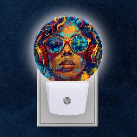 Round LED Night Lights Lamp with Dusk to Dawn Sensor, Psychedelic Portrait With Swirling Colors Night Light Plug Into Wall for Kids Room, Bedroom, Bathroom, Kitchen, Hallway