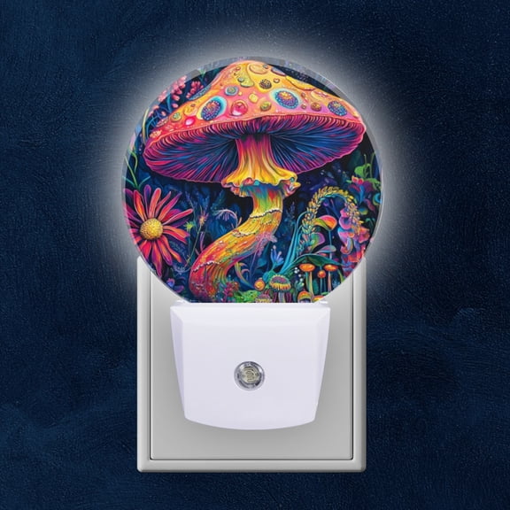 Round LED Night Lights Lamp with Dusk to Dawn Sensor, Psychedelic Style Mushroom In Floral Environment Night Light Plug Into Wall for Kids Room, Bedroom, Bathroom, Kitchen, Hallway