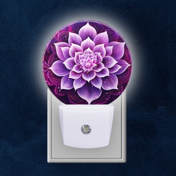 Round LED Night Lights Lamp with Dusk to Dawn Sensor, Purple Lotus Flower In Mystical And Ornate Setting Night Light Plug Into Wall for Kids Room, Bedroom, Bathroom, Kitchen, Hallway