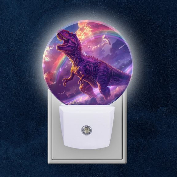 Round LED Night Lights Lamp with Dusk to Dawn Sensor, Purple Tyrannosaurus Rex Against Rainbow And Clouds Night Light Plug Into Wall for Kids Room, Bedroom, Bathroom, Kitchen, Hallway