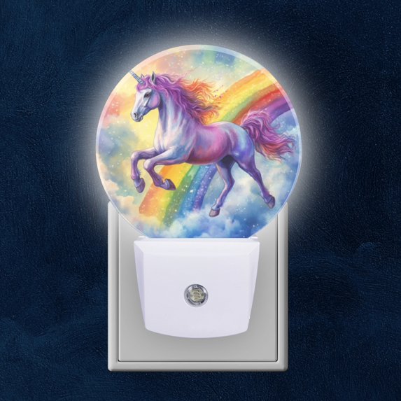 Round LED Night Lights Lamp with Dusk to Dawn Sensor, Purple Unicorn Galloping In The Clouds Night Light Plug Into Wall for Kids Room, Bedroom, Bathroom, Kitchen, Hallway