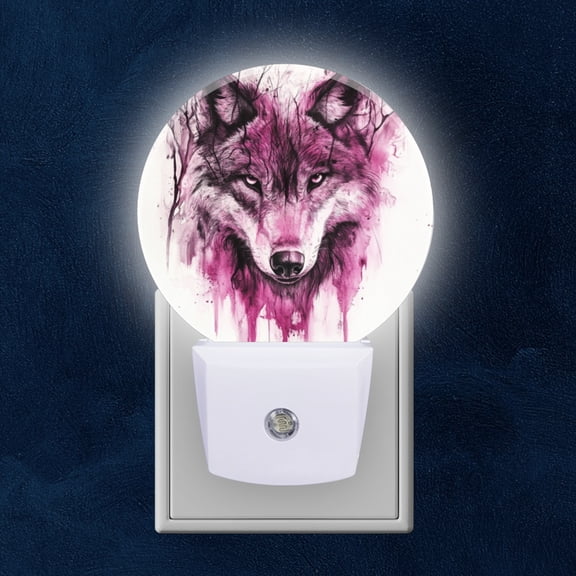 Round LED Night Lights Lamp with Dusk to Dawn Sensor, Purple Wolf Head Watercolor Night Light Plug Into Wall for Kids Room, Bedroom, Bathroom, Kitchen, Hallway