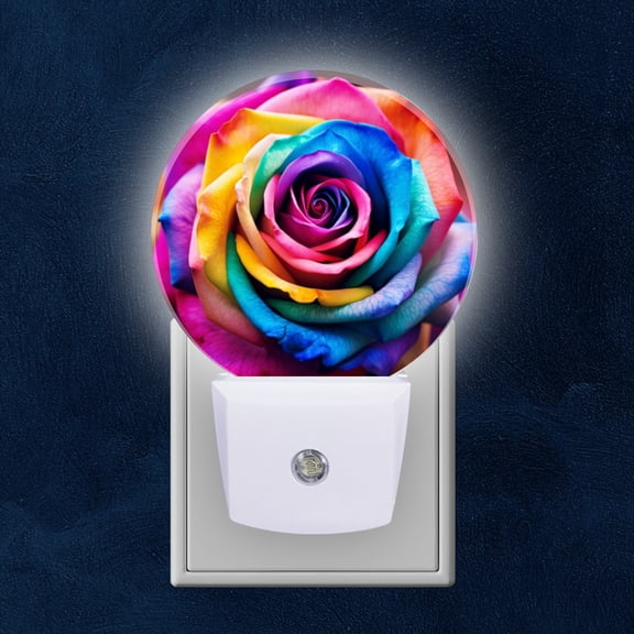 Round LED Night Lights Lamp with Dusk to Dawn Sensor, Rainbow Colored Rose In Full Bloom Night Light Plug Into Wall for Kids Room, Bedroom, Bathroom, Kitchen, Hallway