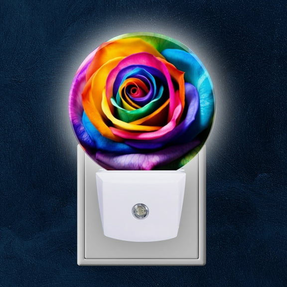 Round LED Night Lights Lamp with Dusk to Dawn Sensor, Rainbow Colored Rose With Vivid Petals Night Light Plug Into Wall for Kids Room, Bedroom, Bathroom, Kitchen, Hallway