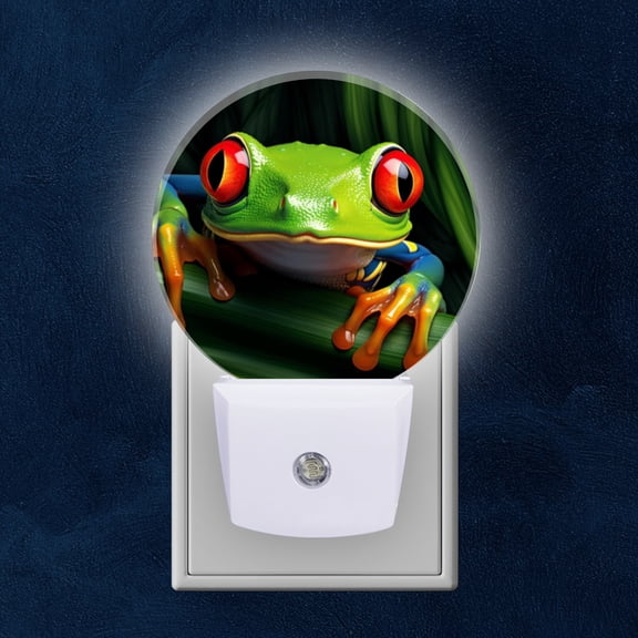 Round LED Night Lights Lamp with Dusk to Dawn Sensor, Red-Eyed Tree Frog Perched On The Edge Of Emerald Green Leaf Night Light Plug Into Wall for Kids Room, Bedroom, Bathroom, Kitchen, Hallway