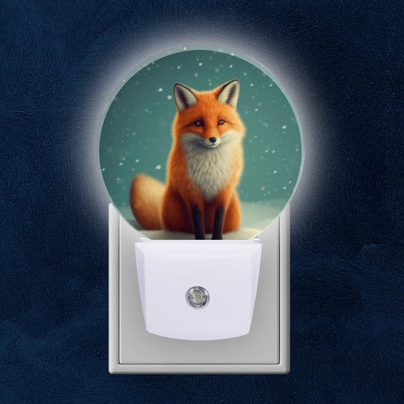 Round LED Night Lights Lamp with Dusk to Dawn Sensor, Red Fox Sitting In Snowy Landscape Night Light Plug Into Wall for Kids Room, Bedroom, Bathroom, Kitchen, Hallway