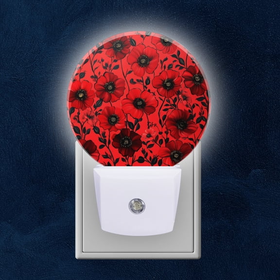 Round LED Night Lights Lamp with Dusk to Dawn Sensor, Red Poppies Clustered Together Night Light Plug Into Wall for Kids Room, Bedroom, Bathroom, Kitchen, Hallway