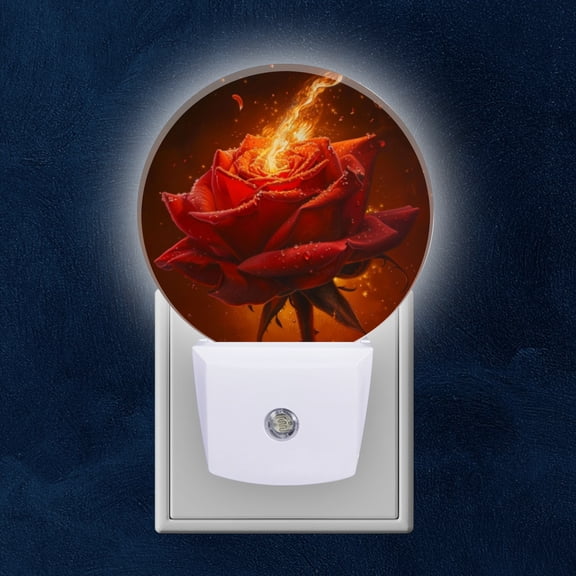 Round LED Night Lights Lamp with Dusk to Dawn Sensor, Red Rose Ablaze With Flames In The Dark Night Light Plug Into Wall for Kids Room, Bedroom, Bathroom, Kitchen, Hallway