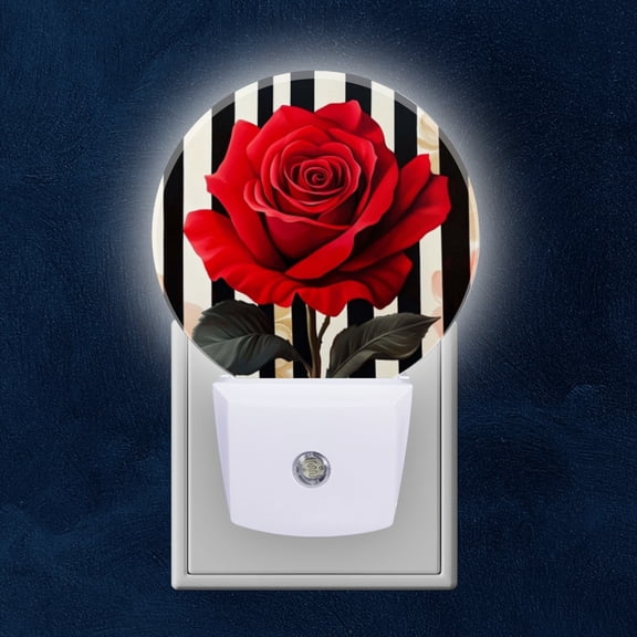 Round LED Night Lights Lamp with Dusk to Dawn Sensor, Red Rose In Dreamy, Contrast Filled Artistic Reverie Night Light Plug Into Wall for Kids Room, Bedroom, Bathroom, Kitchen, Hallway