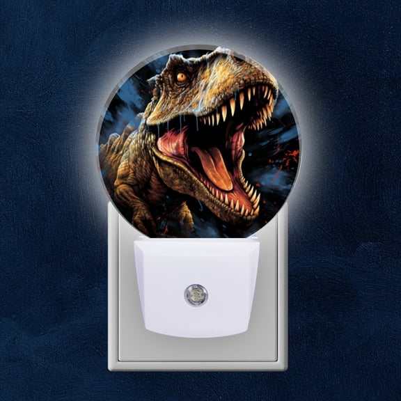Round LED Night Lights Lamp with Dusk to Dawn Sensor, Roaring T Rex In Lush, Green Environment Night Light Plug Into Wall for Kids Room, Bedroom, Bathroom, Kitchen, Hallway