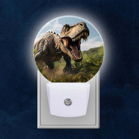 Round LED Night Lights Lamp with Dusk to Dawn Sensor, Roaring Tyrannosaurus Rex In Prehistoric Jungle Night Light Plug Into Wall for Kids Room, Bedroom, Bathroom, Kitchen, Hallway