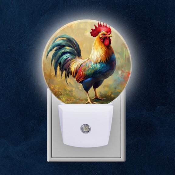 Round LED Night Lights Lamp with Dusk to Dawn Sensor, Rooster Against An Artful Backdrop Night Light Plug Into Wall for Kids Room, Bedroom, Bathroom, Kitchen, Hallway