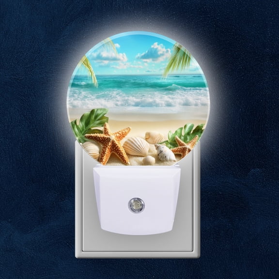 Round LED Night Lights Lamp with Dusk to Dawn Sensor, Ropical Beach Paradise With Palm Trees And Seashells Night Light Plug Into Wall for Kids Room, Bedroom, Bathroom, Kitchen, Hallway