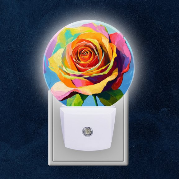 Round LED Night Lights Lamp with Dusk to Dawn Sensor, Rose In Art With Rainbow Palette Night Light Plug Into Wall for Kids Room, Bedroom, Bathroom, Kitchen, Hallway