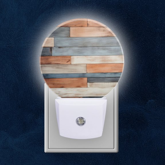 Round LED Night Lights Lamp with Dusk to Dawn Sensor, Rustic Charm Of Aged And Painted Wood Panels Night Light Plug Into Wall for Kids Room, Bedroom, Bathroom, Kitchen, Hallway
