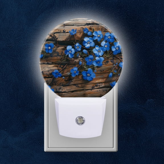 Round LED Night Lights Lamp with Dusk to Dawn Sensor, Rustic Wood With Small Blue Flower Accents Night Light Plug Into Wall for Kids Room, Bedroom, Bathroom, Kitchen, Hallway