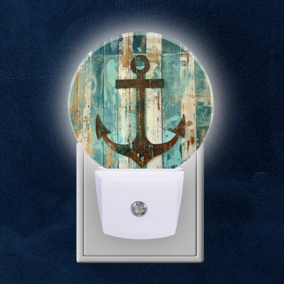 Round LED Night Lights Lamp with Dusk to Dawn Sensor, Rusty Anchor On Weathered Wooden Plank Background Night Light Plug Into Wall for Kids Room, Bedroom, Bathroom, Kitchen, Hallway