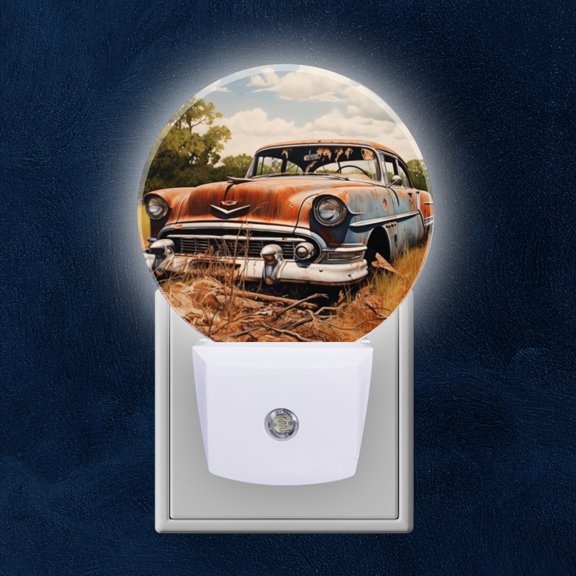 Round LED Night Lights Lamp with Dusk to Dawn Sensor, Rusty Vintage Car In Grassland With Surrounding Trees Night Light Plug Into Wall for Kids Room, Bedroom, Bathroom, Kitchen, Hallway