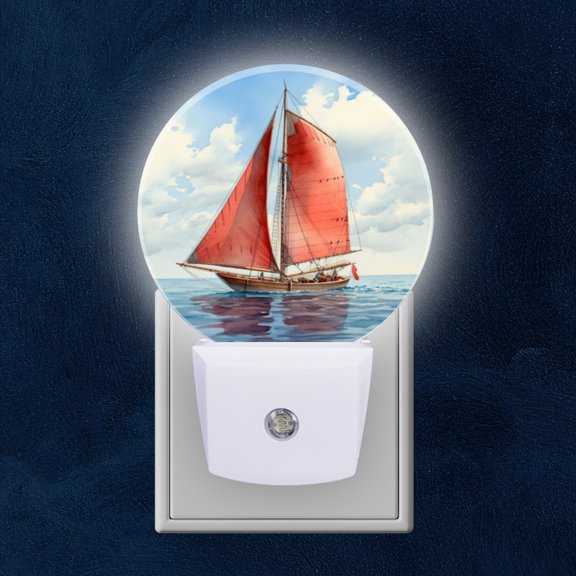 Round LED Night Lights Lamp with Dusk to Dawn Sensor, Sailing Ship With Red Sails On The SeIn Watercolor Night Light Plug Into Wall for Kids Room, Bedroom, Bathroom, Kitchen, Hallway
