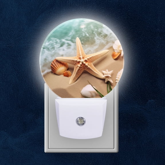 Round LED Night Lights Lamp with Dusk to Dawn Sensor, Seashells And Starfish On The Beach With Waves Night Light Plug Into Wall for Kids Room, Bedroom, Bathroom, Kitchen, Hallway