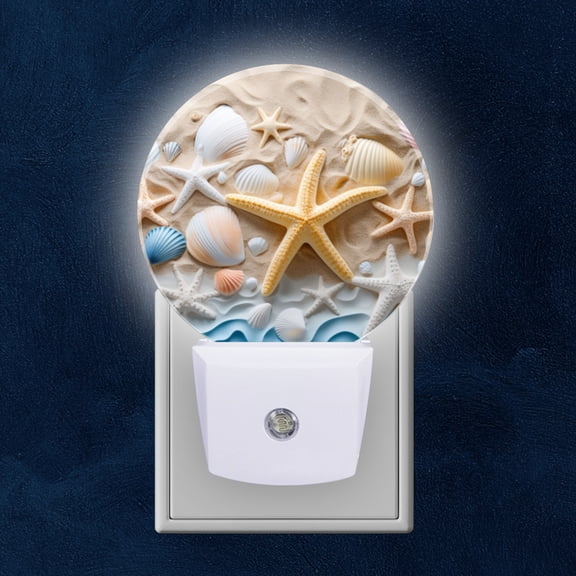 Round LED Night Lights Lamp with Dusk to Dawn Sensor, Seashells And Starfish On Sandy Beach Night Light Plug Into Wall for Kids Room, Bedroom, Bathroom, Kitchen, Hallway