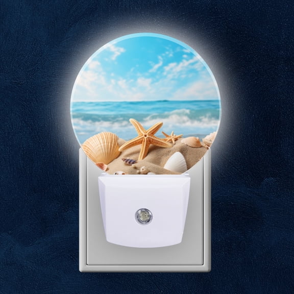 Round LED Night Lights Lamp with Dusk to Dawn Sensor, Seashells And Starfish On Sandy Beach By The Sea Night Light Plug Into Wall for Kids Room, Bedroom, Bathroom, Kitchen, Hallway
